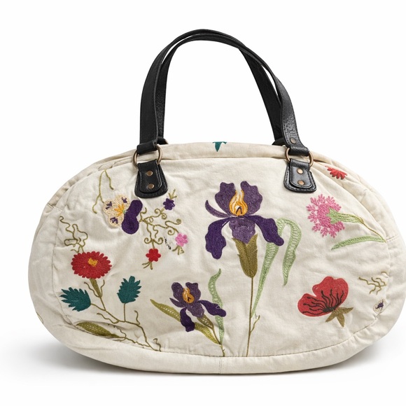 By Anthropologie Handbags - Vintage Y2K Anthropologie Nest Floral Embroidered Canvas Weekender Bag Boho Tote